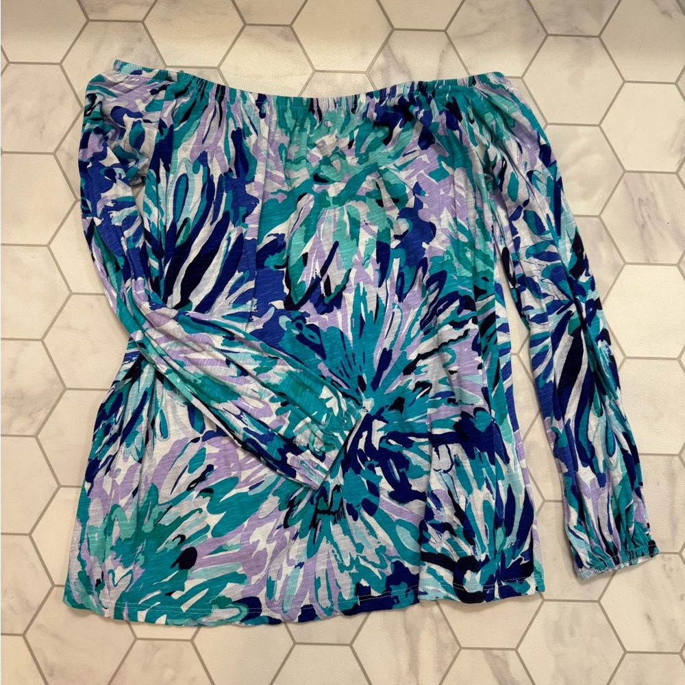 Lilly Pulitzer Blue and Green Floral Off-Shoulder Blouse